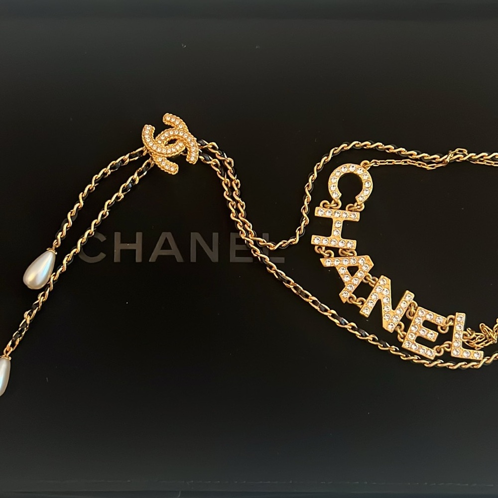 Chanel Double Necklace Rhinestone Chanel and Gold and Black Leather Necklace - Picture 7 of 8